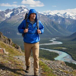 Men’s Blue Hooded Windbreaker – Lightweight Nylon Pullover Jacket Size  XL